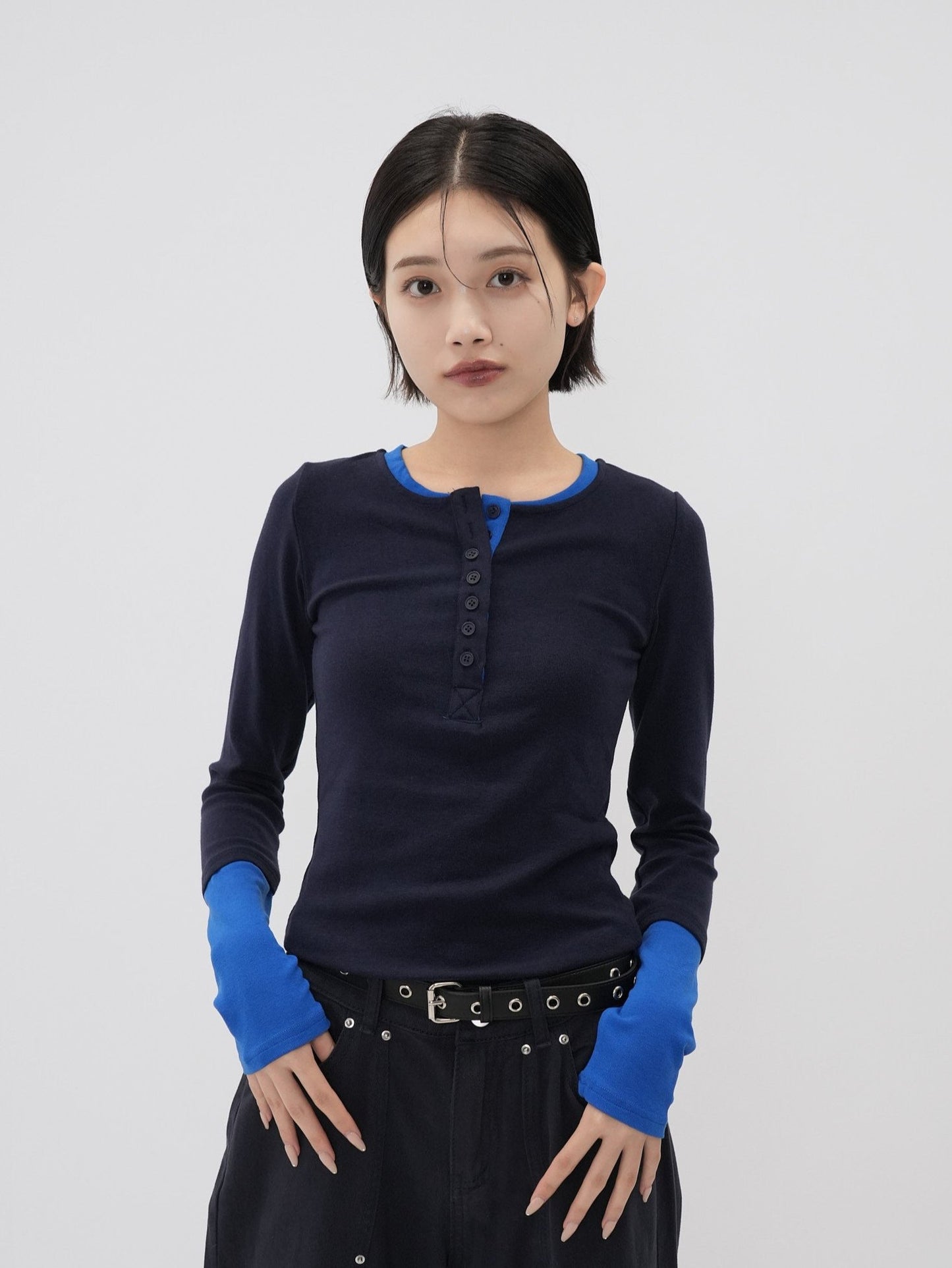 half button bicolor tops