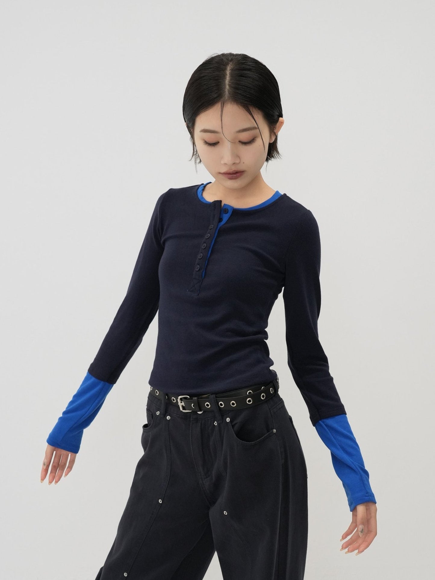 half button bicolor tops