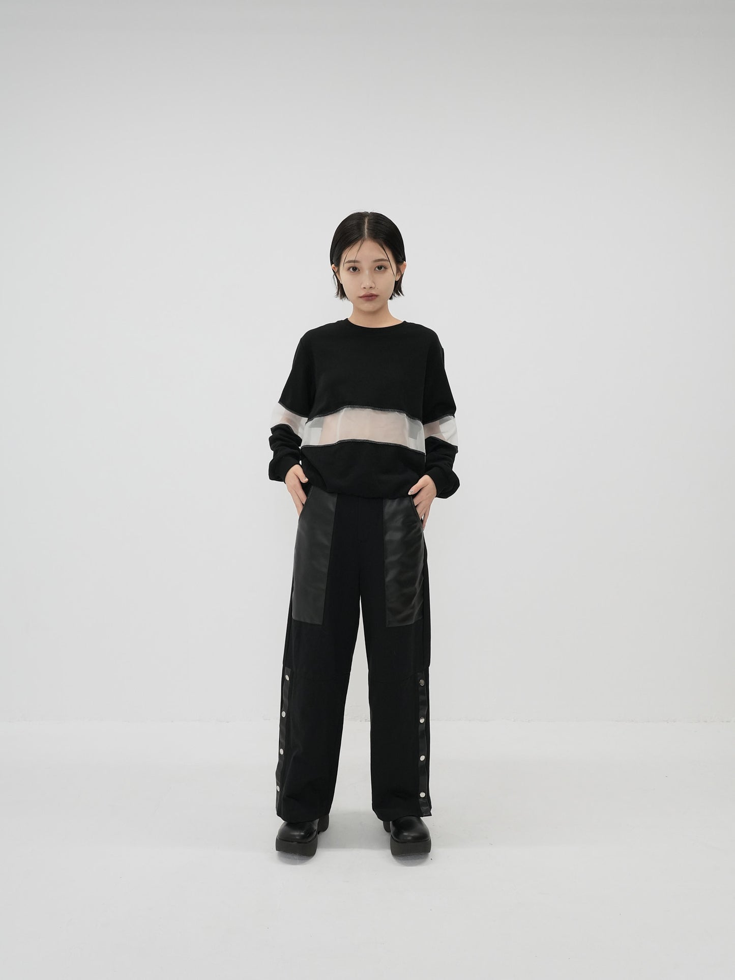 leather mix snap pants